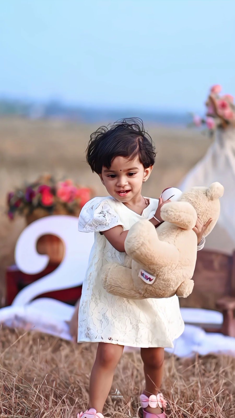 Second birthday themed photoshoot with a teddy bear